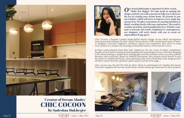 Chic Cocoon featured across a two-page spread in Aspire Magazine, May 2021